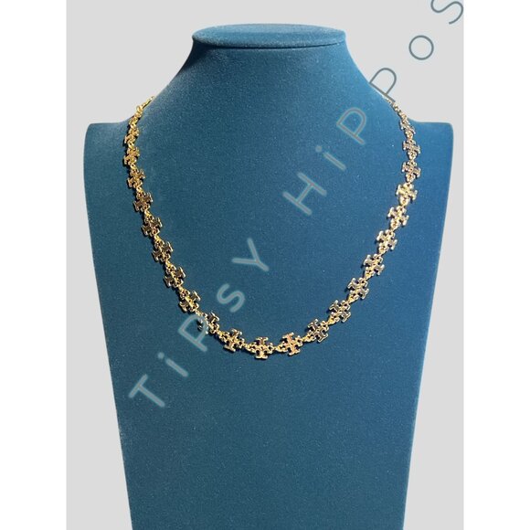 Tory Burch Gold Puzzle Piece Chain Necklace With Adjustable Clasp & Branded Pouc - Picture 2 of 4